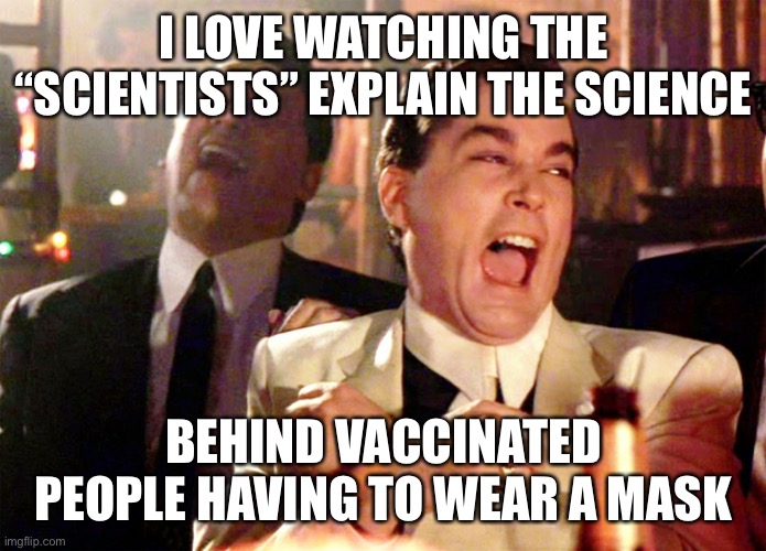 Good Fellas Hilarious Meme | I LOVE WATCHING THE “SCIENTISTS” EXPLAIN THE SCIENCE; BEHIND VACCINATED PEOPLE HAVING TO WEAR A MASK | image tagged in memes,good fellas hilarious | made w/ Imgflip meme maker