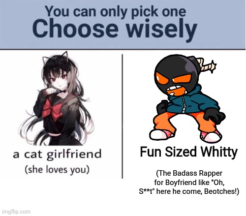 Choose wisely | Fun Sized Whitty; (The Badass Rapper for Boyfriend like "Oh, S**t" here he come, Beotches!) | image tagged in choose wisely,friday night funkin,fnf,whitty | made w/ Imgflip meme maker