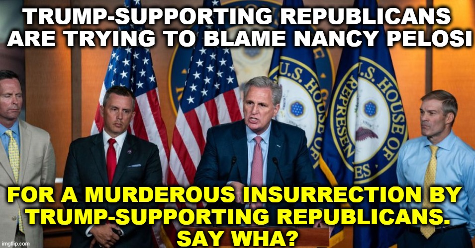 Republican logic. | TRUMP-SUPPORTING REPUBLICANS 
ARE TRYING TO BLAME NANCY PELOSI; FOR A MURDEROUS INSURRECTION BY 
TRUMP-SUPPORTING REPUBLICANS.
SAY WHA? | image tagged in republican,riot | made w/ Imgflip meme maker