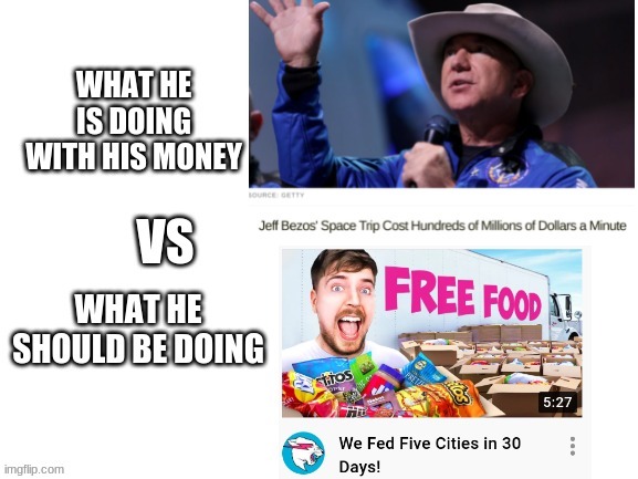 MrBeast spends his money for good | image tagged in mrbeast,jeff bezos,memes,funny | made w/ Imgflip meme maker