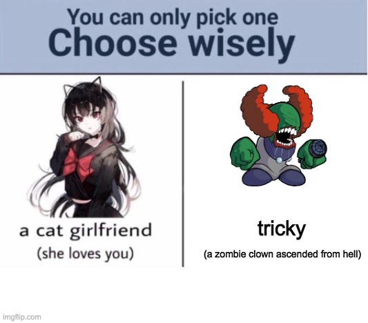 Choose wisely | tricky; (a zombie clown ascended from hell) | image tagged in choose wisely | made w/ Imgflip meme maker
