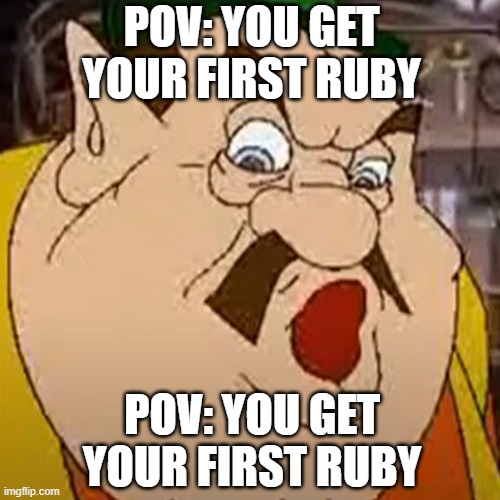 Morshu Pog moment | POV: YOU GET YOUR FIRST RUBY; POV: YOU GET YOUR FIRST RUBY | image tagged in funny,meme,morshu,pov,memes,pog | made w/ Imgflip meme maker