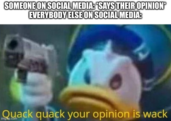 quack quack your opinion is wack | SOMEONE ON SOCIAL MEDIA: *SAYS THEIR OPINION*
EVERYBODY ELSE ON SOCIAL MEDIA: | image tagged in quack quack your opinion is wack,social media | made w/ Imgflip meme maker