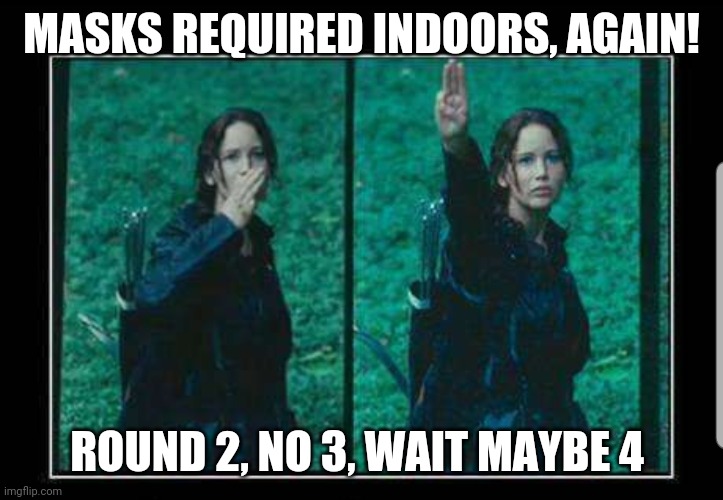 MASKS REQUIRED INDOORS, AGAIN! ROUND 2, NO 3, WAIT MAYBE 4 | image tagged in hunger games | made w/ Imgflip meme maker