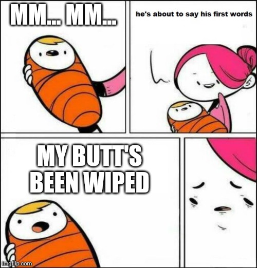 His has been too | MM... MM... MY BUTT'S BEEN WIPED | image tagged in he is about to say his first words,biden | made w/ Imgflip meme maker