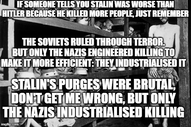 That is what makes the difference | IF SOMEONE TELLS YOU STALIN WAS WORSE THAN HITLER BECAUSE HE KILLED MORE PEOPLE, JUST REMEMBER; THE SOVIETS RULED THROUGH TERROR.
BUT ONLY THE NAZIS ENGINEERED KILLING TO MAKE IT MORE EFFICIENT: THEY INDUSTRIALISED IT; STALIN'S PURGES WERE BRUTAL, DON'T GET ME WRONG, BUT ONLY THE NAZIS INDUSTRIALISED KILLING | image tagged in holocaust | made w/ Imgflip meme maker