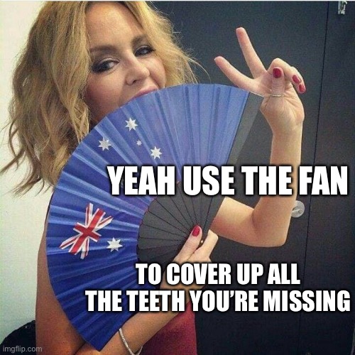 This is kylie’s only fan! | YEAH USE THE FAN; TO COVER UP ALL THE TEETH YOU’RE MISSING | image tagged in kylie fan australia,funny | made w/ Imgflip meme maker