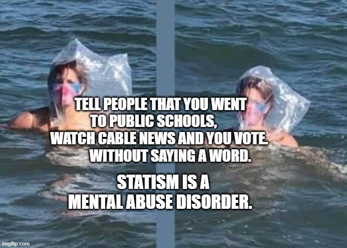 TELL PEOPLE THAT YOU WENT TO PUBLIC SCHOOLS,      WATCH CABLE NEWS AND YOU VOTE.           WITHOUT SAYING A WORD. STATISM IS A MENTAL ABUSE DISORDER. | made w/ Imgflip meme maker