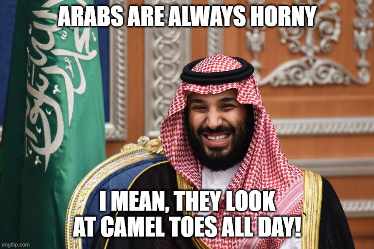 Camel Love | ARABS ARE ALWAYS HORNY; I MEAN, THEY LOOK AT CAMEL TOES ALL DAY! | image tagged in mbs smiling | made w/ Imgflip meme maker