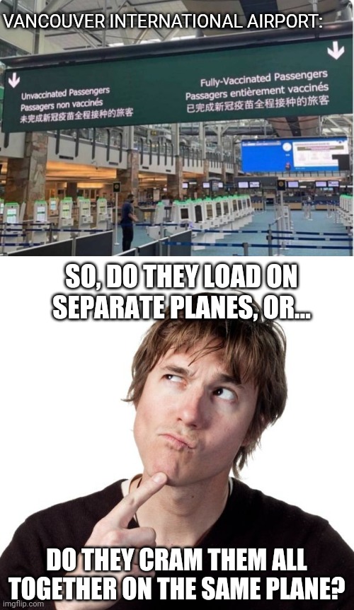 The Plane Truth | VANCOUVER INTERNATIONAL AIRPORT:; SO, DO THEY LOAD ON SEPARATE PLANES, OR... DO THEY CRAM THEM ALL TOGETHER ON THE SAME PLANE? | image tagged in thinking guy 1,medical,segregation,vaccination,airport | made w/ Imgflip meme maker