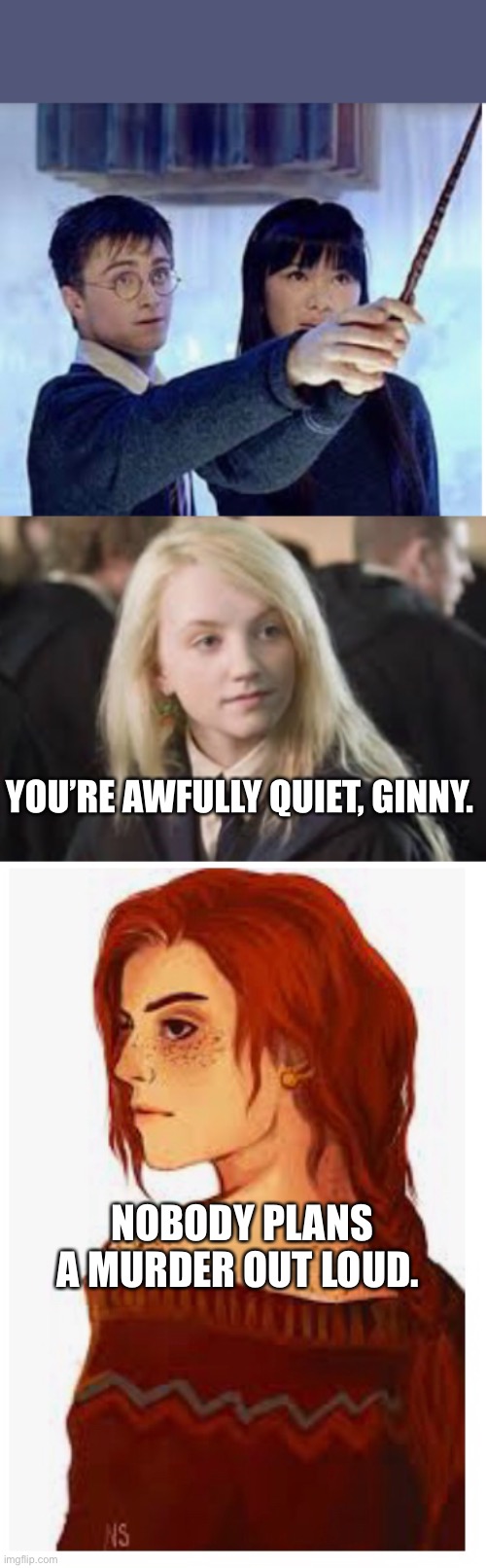 YOU’RE AWFULLY QUIET, GINNY. NOBODY PLANS A MURDER OUT LOUD. | made w/ Imgflip meme maker