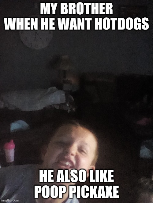 When mom says no fortnite | MY BROTHER WHEN HE WANT HOTDOGS; HE ALSO LIKE POOP PICKAXE | image tagged in a | made w/ Imgflip meme maker