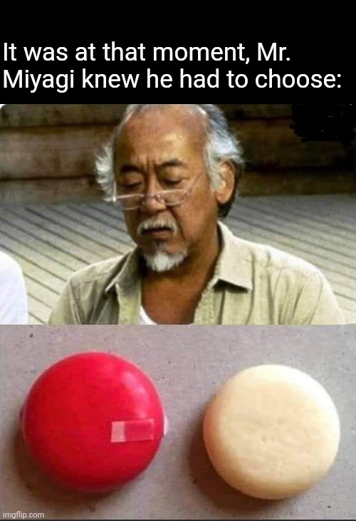 Mr. Miyagi's Big Decision | It was at that moment, Mr. Miyagi knew he had to choose: | image tagged in mr miyagi,cheese,choose wisely,karate kid | made w/ Imgflip meme maker