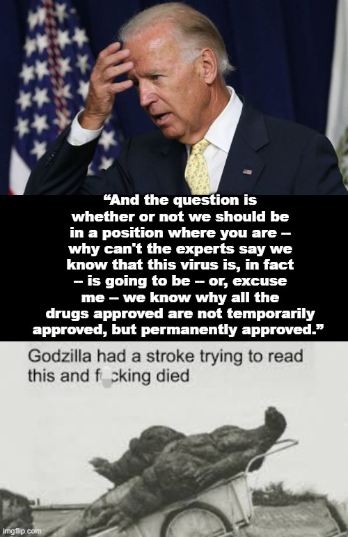“And the question is whether or not we should be in a position where you are -- why can't the experts say we know that this virus is, in fact -- is going to be -- or, excuse me -- we know why all the drugs approved are not temporarily approved, but permanently approved.” | image tagged in joe biden worries | made w/ Imgflip meme maker