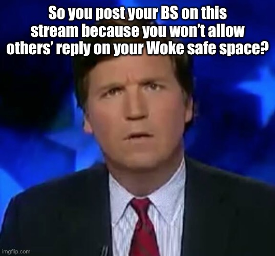 confused Tucker carlson | So you post your BS on this stream because you won’t allow others’ reply on your Woke safe space? | image tagged in confused tucker carlson | made w/ Imgflip meme maker