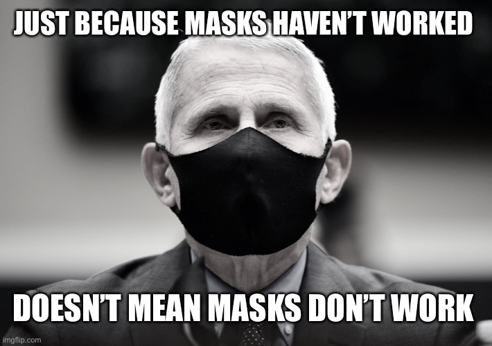 Masks just because | JUST BECAUSE MASKS HAVEN’T WORKED; DOESN’T MEAN MASKS DON’T WORK | image tagged in fauci,masks,mask up,covid-19,vaccines | made w/ Imgflip meme maker