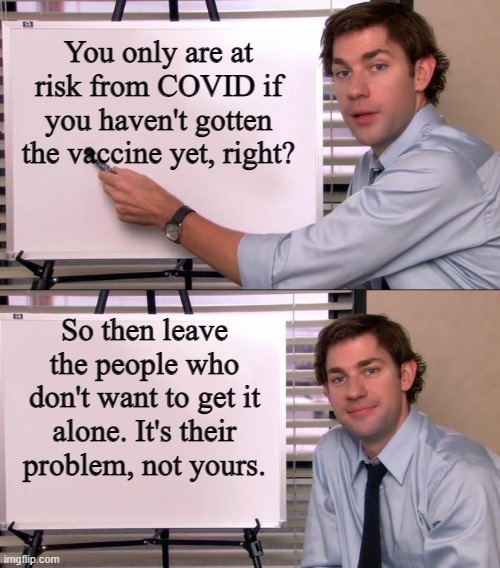 If you got the shot you're safe, right? So leave those who didn't alone. | You only are at risk from COVID if you haven't gotten the vaccine yet, right? So then leave the people who don't want to get it alone. It's their problem, not yours. | image tagged in jim halpert explains,vaccine,covid,vaccinated,unvaccinated | made w/ Imgflip meme maker