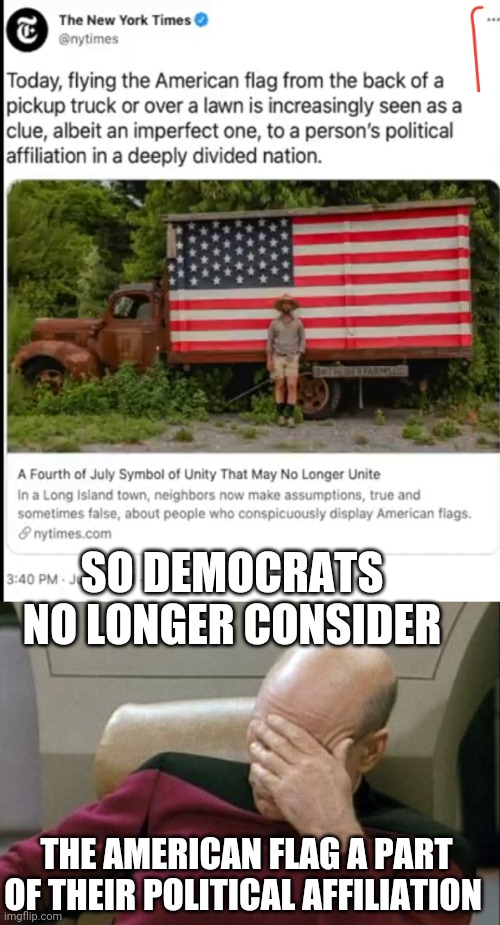 "LET'S ALL HAVE UNITY" | SO DEMOCRATS NO LONGER CONSIDER; THE AMERICAN FLAG A PART OF THEIR POLITICAL AFFILIATION | image tagged in memes,captain picard facepalm,democrats,new york times,liberal logic,american flag | made w/ Imgflip meme maker
