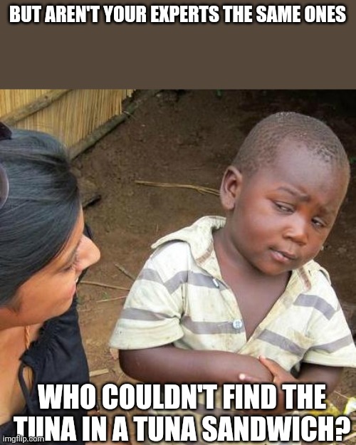 Failed experts | BUT AREN'T YOUR EXPERTS THE SAME ONES; WHO COULDN'T FIND THE TUNA IN A TUNA SANDWICH? | image tagged in memes,third world skeptical kid | made w/ Imgflip meme maker