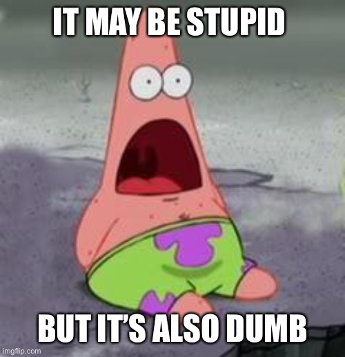 Jaj | IT MAY BE STUPID; BUT IT’S ALSO DUMB | image tagged in suprised patrick | made w/ Imgflip meme maker