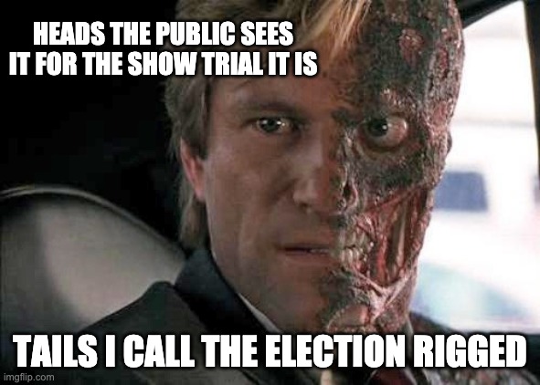Two face | HEADS THE PUBLIC SEES IT FOR THE SHOW TRIAL IT IS TAILS I CALL THE ELECTION RIGGED | image tagged in two face | made w/ Imgflip meme maker