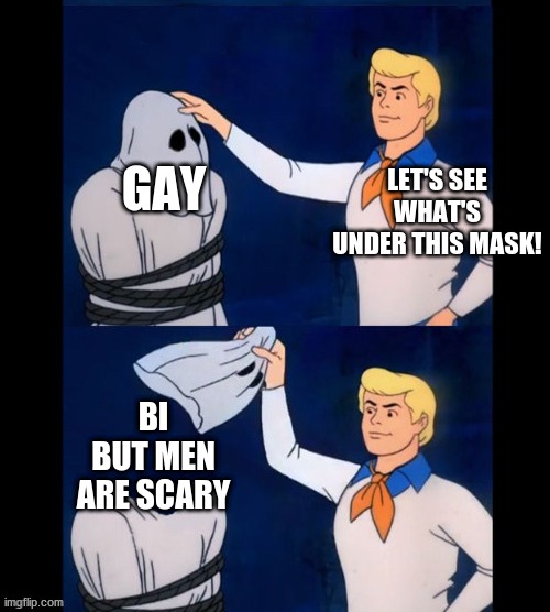 lets see who you really are | GAY; LET'S SEE WHAT'S UNDER THIS MASK! BI BUT MEN ARE SCARY | image tagged in lets see who you really are | made w/ Imgflip meme maker