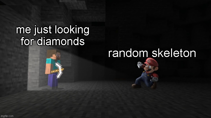this is the moment where you fight for your life | me just looking for diamonds; random skeleton | image tagged in mario in minecraft cave | made w/ Imgflip meme maker