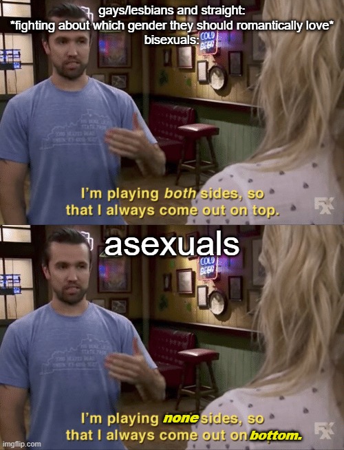 gays/lesbians and straight: *fighting about which gender they should romantically love*
bisexuals:; asexuals; none; bottom. | image tagged in i play both sides | made w/ Imgflip meme maker