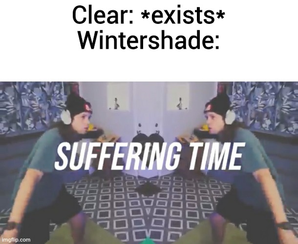 Ah yes, 12 mother frickin years of torture- | Clear: *exists*
Wintershade: | image tagged in suffering time,wintershade,clear | made w/ Imgflip meme maker