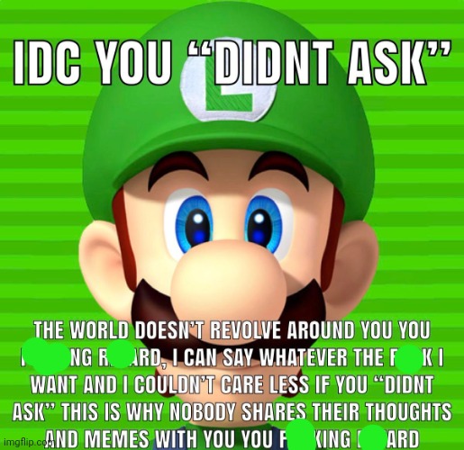 Idc you “didn’t ask” Luigi | image tagged in idc you didn t ask luigi | made w/ Imgflip meme maker