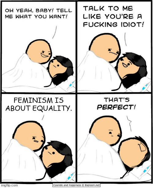 Oh yeah... | FEMINISM IS ABOUT EQUALITY. | image tagged in feminism,feminists,feminist,cultists,hypocrites,delusional | made w/ Imgflip meme maker