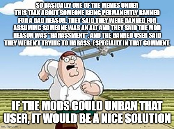 Mods, if you could unban them it would be okay. |  SO BASICALLY ONE OF THE MEMES UNDER THIS TALK ABOUT SOMEONE BEING PERMANENTLY BANNED FOR A BAD REASON. THEY SAID THEY WERE BANNED FOR ASSUMING SOMEONE WAS AN ALT AND THEY SAID THE MOD REASON WAS "HARASSMENT", AND THE BANNED USER SAID THEY WEREN'T TRYING TO HARASS. ESPECIALLY IN THAT COMMENT. IF THE MODS COULD UNBAN THAT USER, IT WOULD BE A NICE SOLUTION | image tagged in guys don't x worst mistake of my life | made w/ Imgflip meme maker
