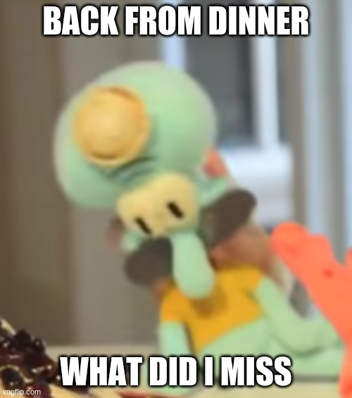 yo soy squidward | BACK FROM DINNER; WHAT DID I MISS | image tagged in yo soy squidward | made w/ Imgflip meme maker