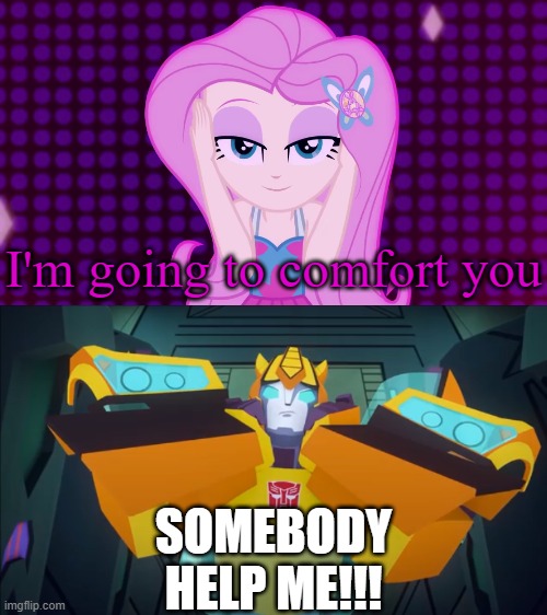SOMEBODY HELP ME!!! | I'm going to comfort you; SOMEBODY HELP ME!!! | image tagged in you and me baby ain't nothin' but mammals,fluttershy,bumblebee,transformers,equestria girls | made w/ Imgflip meme maker