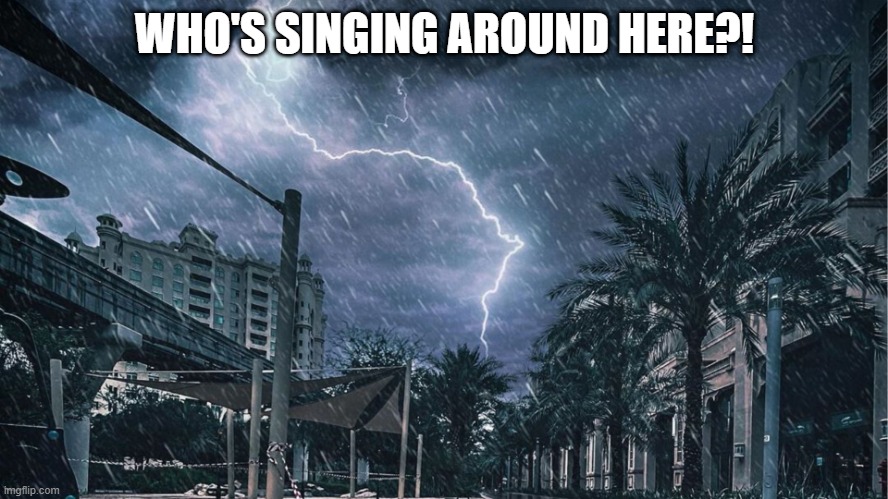 singing raining | WHO'S SINGING AROUND HERE?! | image tagged in funny | made w/ Imgflip meme maker