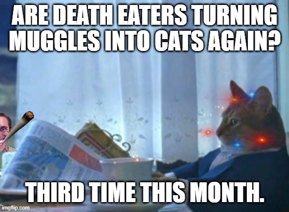 Death Eater infestation. | ARE DEATH EATERS TURNING MUGGLES INTO CATS AGAIN? THIRD TIME THIS MONTH. | image tagged in memes,i should buy a boat cat,death eaters,magical cat transformation | made w/ Imgflip meme maker