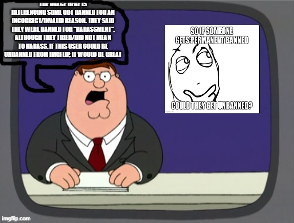I'm not an alt of this user, I'm just defending him. |  THE IMAGE HERE IS REFERENCING SOME GOT BANNED FOR AN INCORRECT/INVALID REASON. THEY SAID THEY WERE BANNED FOR "HARASSMENT", ALTHOUGH THEY TRIED/DID NOT MEAN TO HARASS. IF THIS USER COULD BE UNBANNED FROM IMGFLIP, IT WOULD BE GREAT | image tagged in peter griffin news template | made w/ Imgflip meme maker