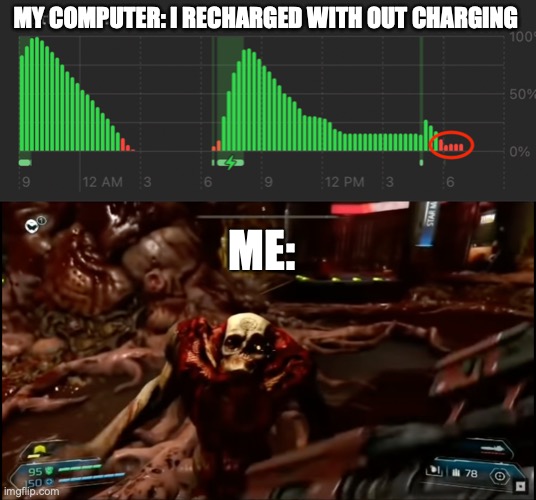 My computer | MY COMPUTER: I RECHARGED WITH OUT CHARGING; ME: | image tagged in computer,doom,funny,memes | made w/ Imgflip meme maker
