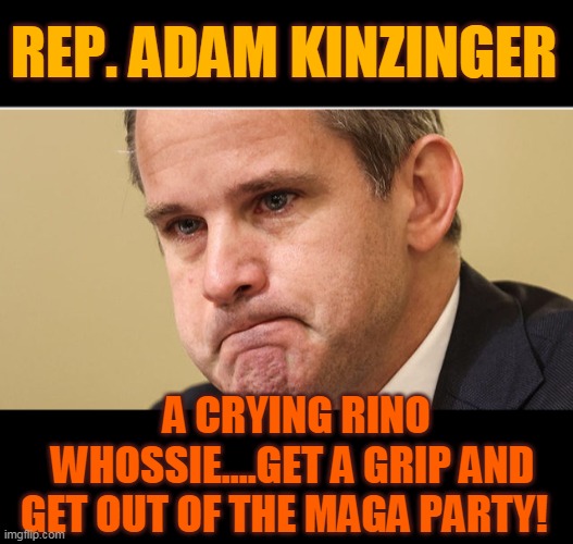 REP. ADAM KINZINGER; A CRYING RINO WHOSSIE....GET A GRIP AND GET OUT OF THE MAGA PARTY! | made w/ Imgflip meme maker