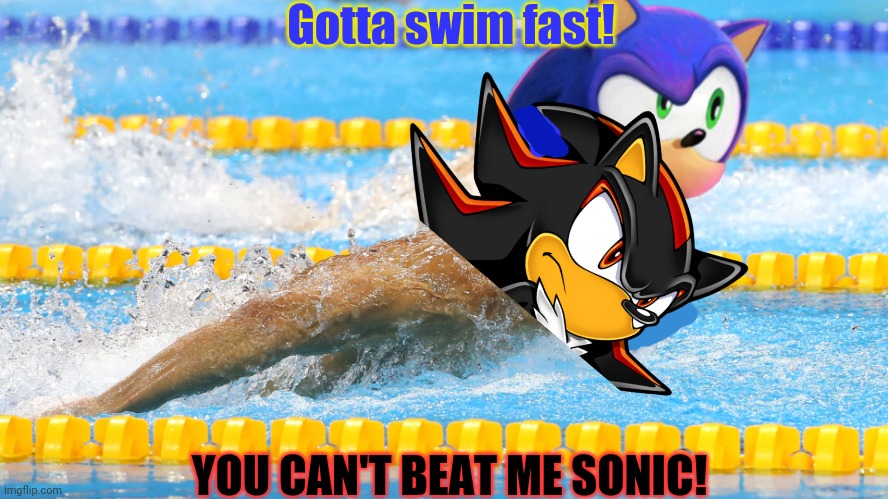 Sonic and Shadow try out for the Olympics! | Gotta swim fast! YOU CAN'T BEAT ME SONIC! | image tagged in sonic the hedgehog,shadow the hedgehog,olympics,swimming,sports,gotta go fast | made w/ Imgflip meme maker