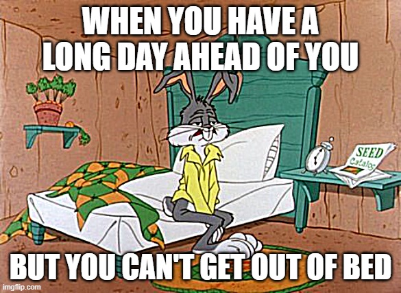 Exhausting First Semester | WHEN YOU HAVE A LONG DAY AHEAD OF YOU; BUT YOU CAN'T GET OUT OF BED | image tagged in exhausted bugs bunny | made w/ Imgflip meme maker