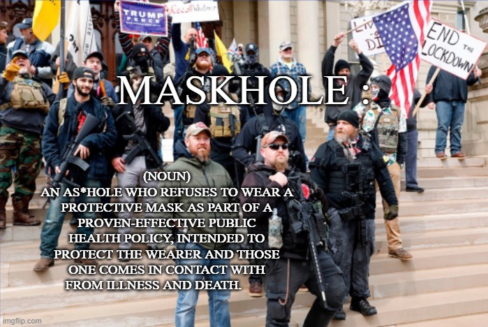 (NOUN)
AN AS*HOLE WHO REFUSES TO WEAR A PROTECTIVE MASK AS PART OF A PROVEN-EFFECTIVE PUBLIC HEALTH POLICY, INTENDED TO PROTECT THE WEARER AND THOSE ONE COMES IN CONTACT WITH FROM ILLNESS AND DEATH. MASKHOLE : | made w/ Imgflip meme maker