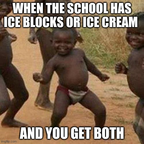 Third World Success Kid Meme | WHEN THE SCHOOL HAS ICE BLOCKS OR ICE CREAM; AND YOU GET BOTH | image tagged in memes,third world success kid | made w/ Imgflip meme maker