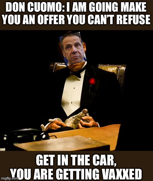 The new Mafia makes you an offer you can’t refuse: Get in the car. You are getting vaxxed. | DON CUOMO: I AM GOING MAKE YOU AN OFFER YOU CAN’T REFUSE; GET IN THE CAR, YOU ARE GETTING VAXXED | image tagged in godfather,cuomo,offer you cannot refuse,get vaxxed | made w/ Imgflip meme maker