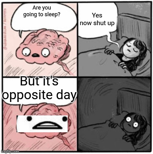 Happy Opposite Day! | Yes now shut up; Are you going to sleep? But it's opposite day | image tagged in brain before sleep | made w/ Imgflip meme maker