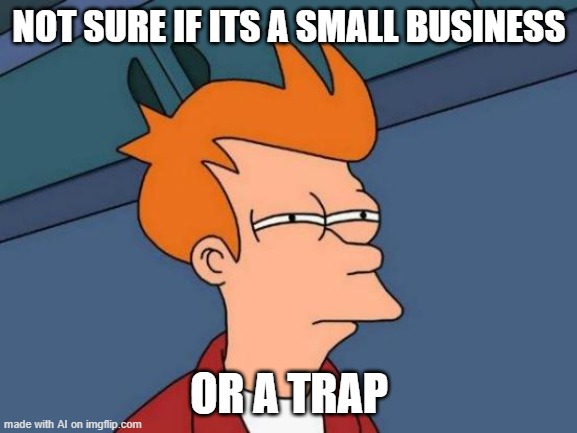 Futurama Fry | NOT SURE IF ITS A SMALL BUSINESS; OR A TRAP | image tagged in memes,futurama fry | made w/ Imgflip meme maker