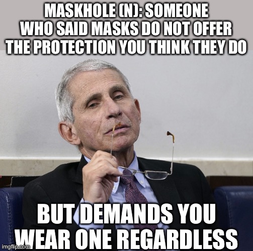 Dr. Fauci | MASKHOLE (N): SOMEONE WHO SAID MASKS DO NOT OFFER THE PROTECTION YOU THINK THEY DO BUT DEMANDS YOU WEAR ONE REGARDLESS | image tagged in dr fauci | made w/ Imgflip meme maker