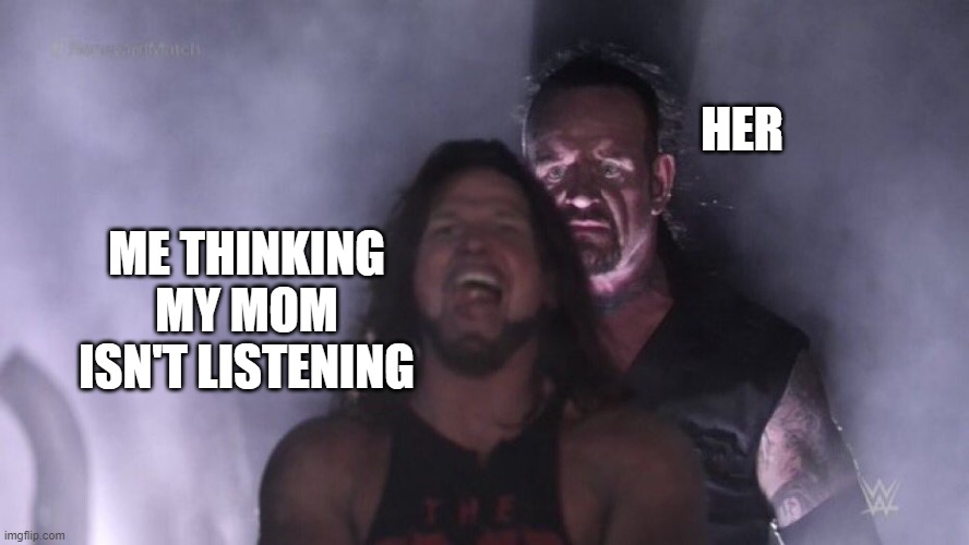 when your mom is listening | HER; ME THINKING MY MOM ISN'T LISTENING | image tagged in aj styles undertaker | made w/ Imgflip meme maker