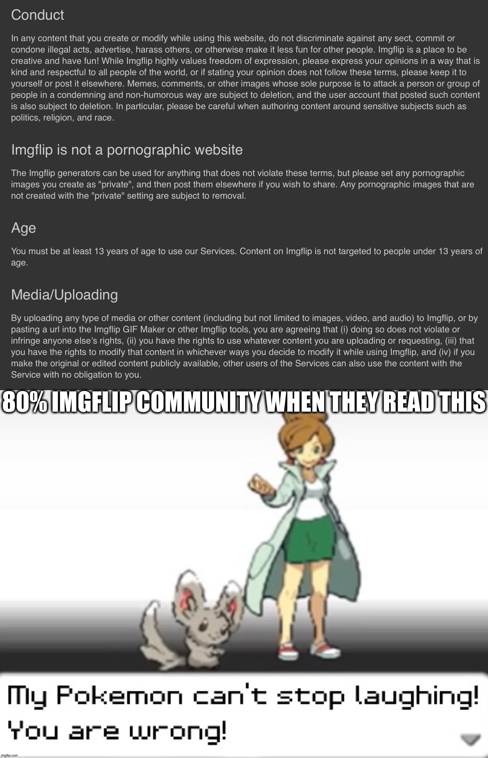  80% IMGFLIP COMMUNITY WHEN THEY READ THIS | image tagged in my pokemon can't stop laughing you are wrong | made w/ Imgflip meme maker