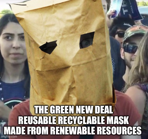 Paper Bag Feminist | THE GREEN NEW DEAL REUSABLE RECYCLABLE MASK MADE FROM RENEWABLE RESOURCES | image tagged in paper bag feminist | made w/ Imgflip meme maker